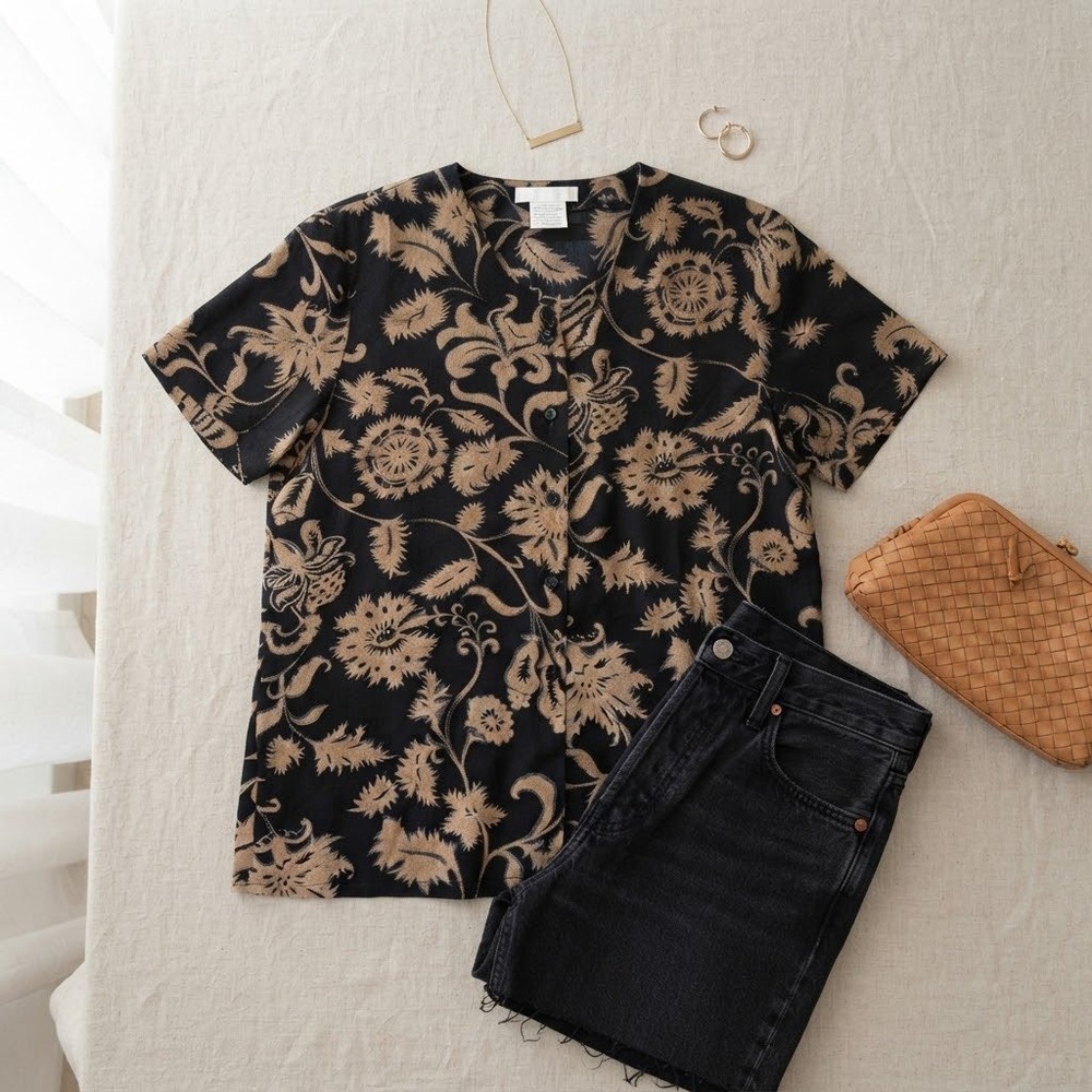Jones New York Silk Blouse Women 8P Black Tan Floral Shoulder Pad Vintage Career